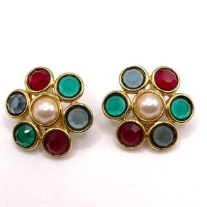 Monet Signed Vintage Mogul Style Gold Tone Faux Pearl Fruit Salad Clip-ons